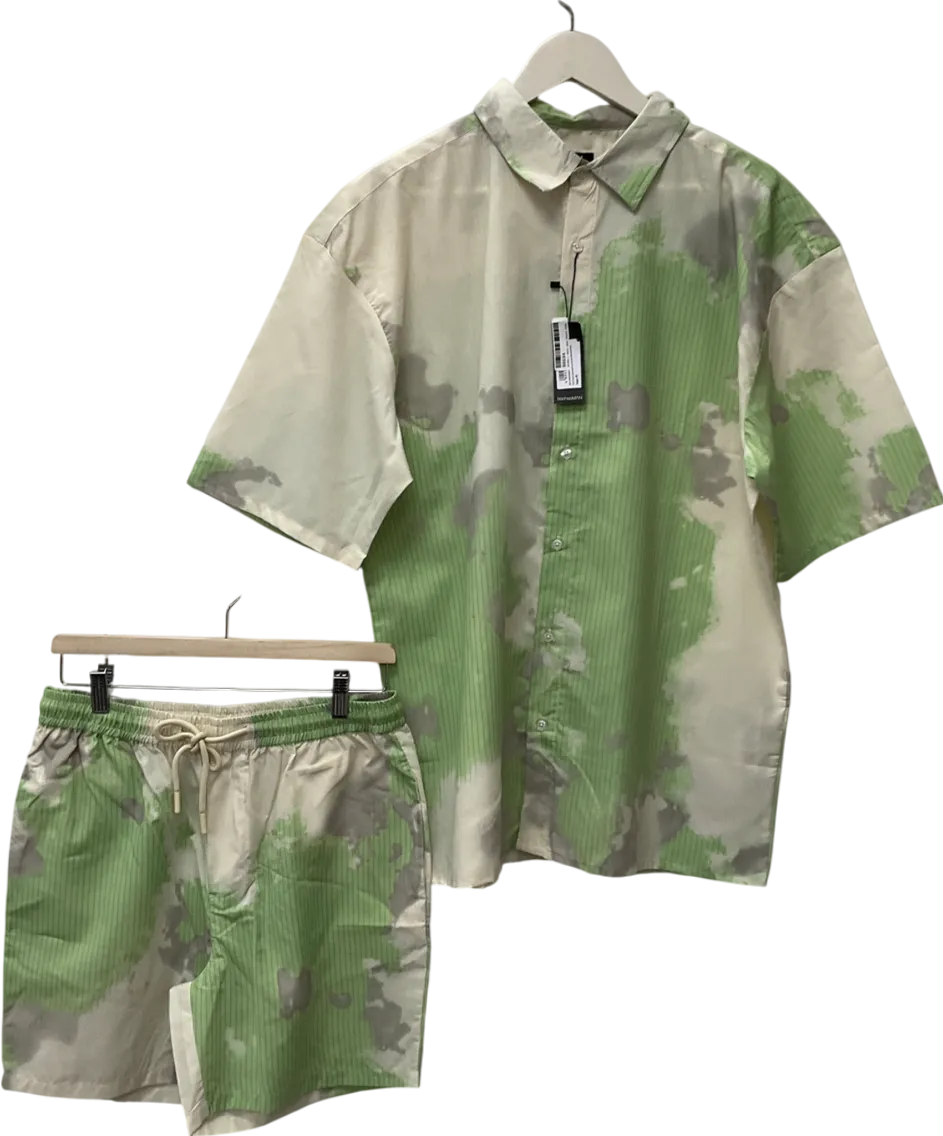 boohooMan Green Tie Dye Shirt And Short Set UK M