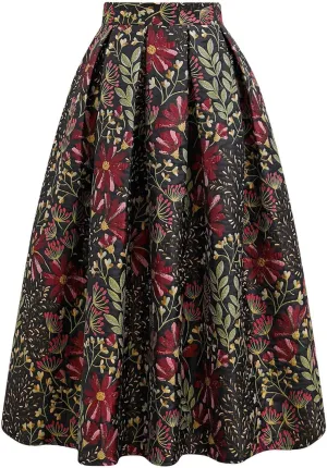 CHICWISH Women Daisy Field Pleated Midi Skirt Printed A-Line Casual High Waist Swing Flared Vintage Skirts with Pockets