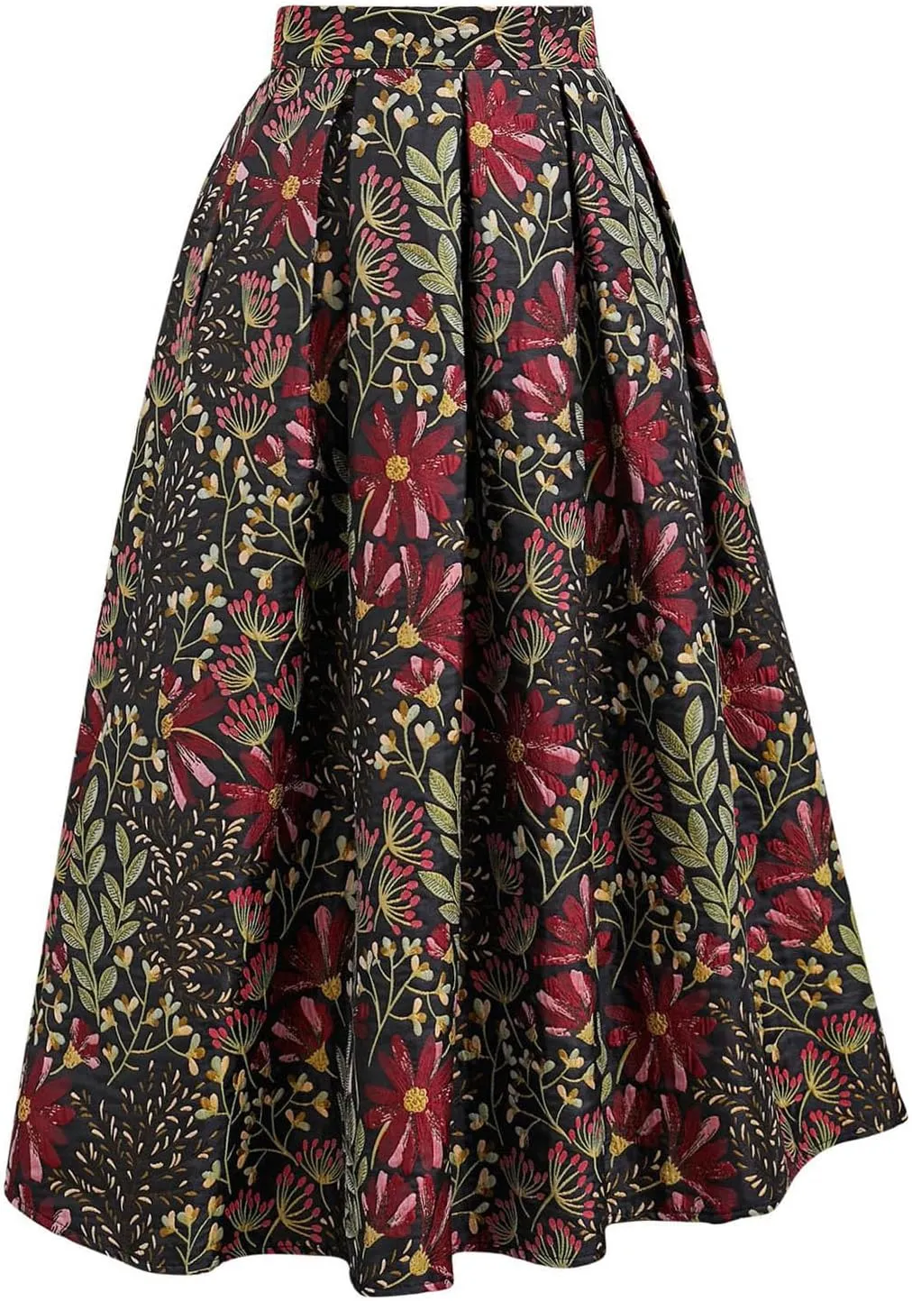 CHICWISH Women Daisy Field Pleated Midi Skirt Printed A-Line Casual High Waist Swing Flared Vintage Skirts with Pockets