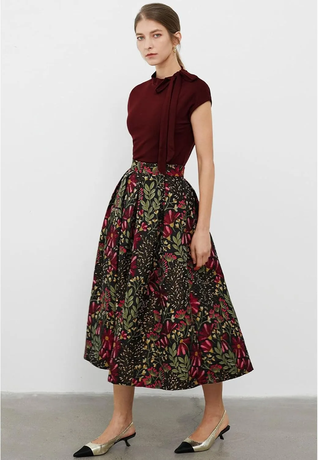 CHICWISH Women Daisy Field Pleated Midi Skirt Printed A-Line Casual High Waist Swing Flared Vintage Skirts with Pockets