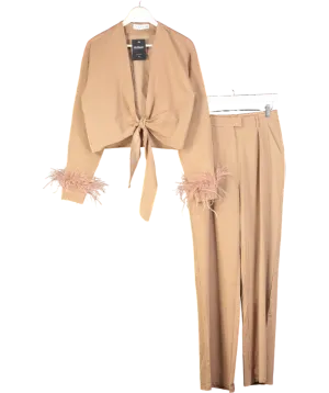 Club L Brown Feather Trim Satin Shirt And Trousers UK 10