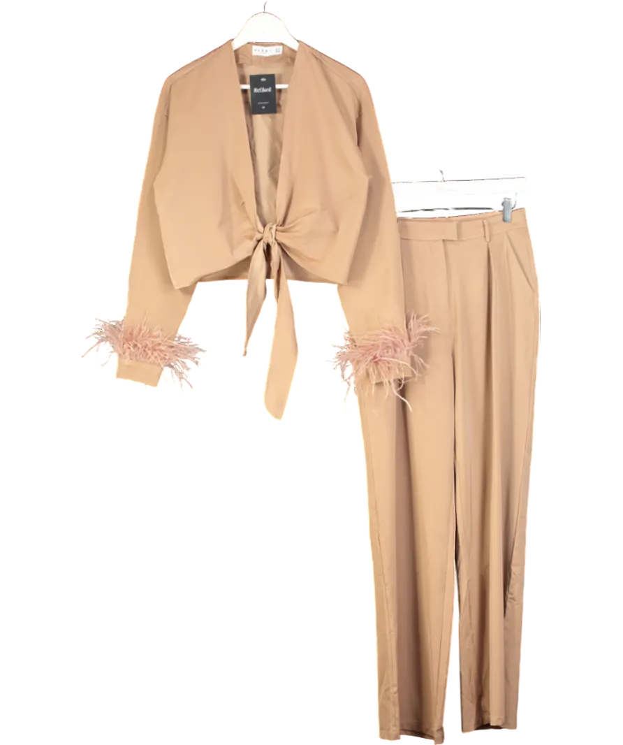 Club L Brown Feather Trim Satin Shirt And Trousers UK 10