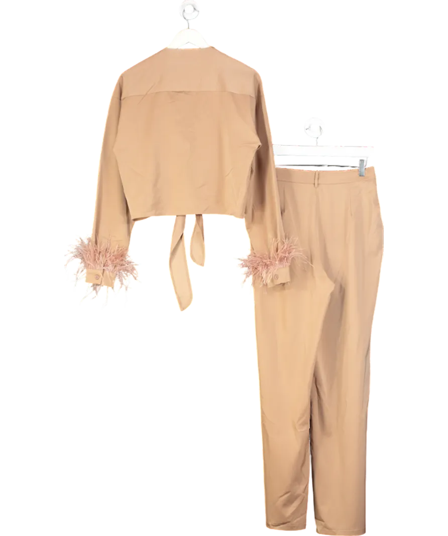 Club L Brown Feather Trim Satin Shirt And Trousers UK 10