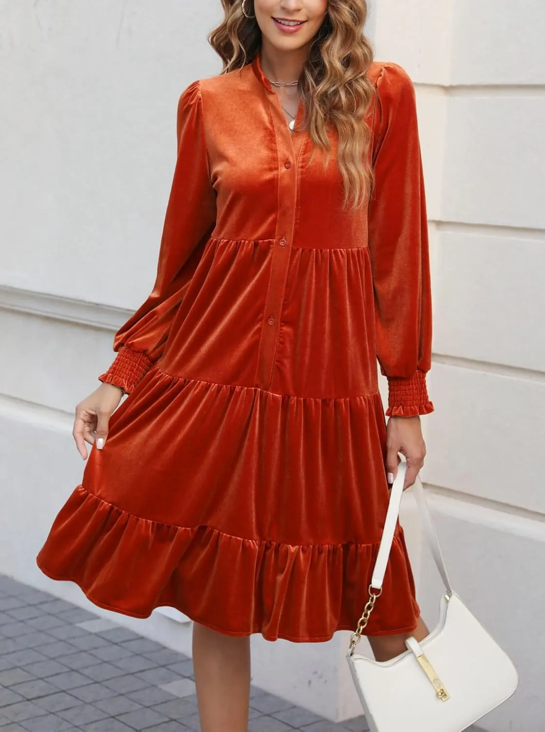 CYLADY Dresses for Women 2024 V Neck Spring Velvet Ruffle Long Sleeve Casual Flowy Swing Tunic Shift Dresses