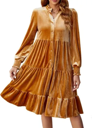 CYLADY Dresses for Women 2024 V Neck Spring Velvet Ruffle Long Sleeve Casual Flowy Swing Tunic Shift Dresses