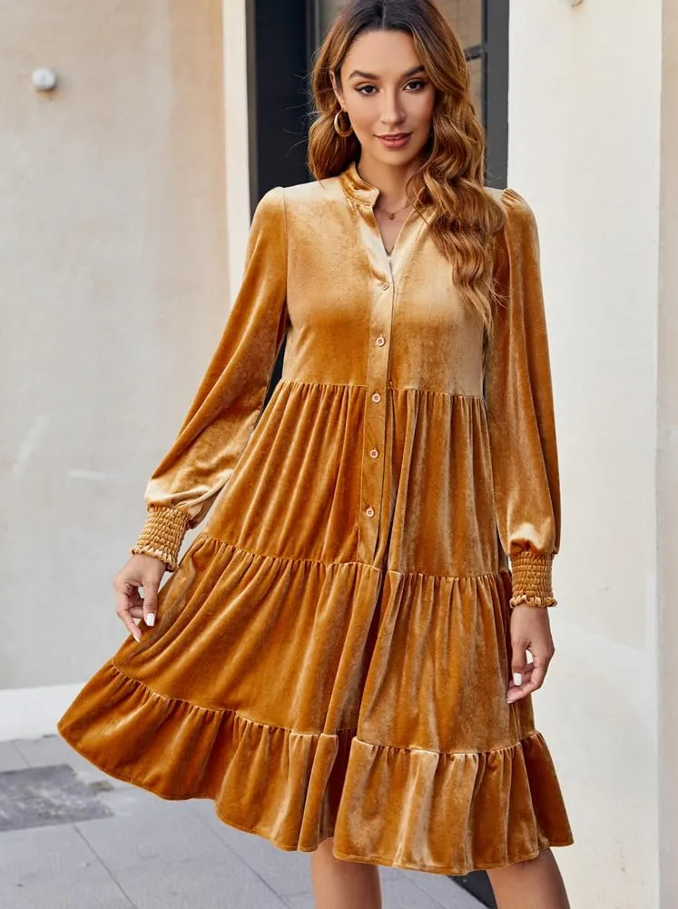 CYLADY Dresses for Women 2024 V Neck Spring Velvet Ruffle Long Sleeve Casual Flowy Swing Tunic Shift Dresses