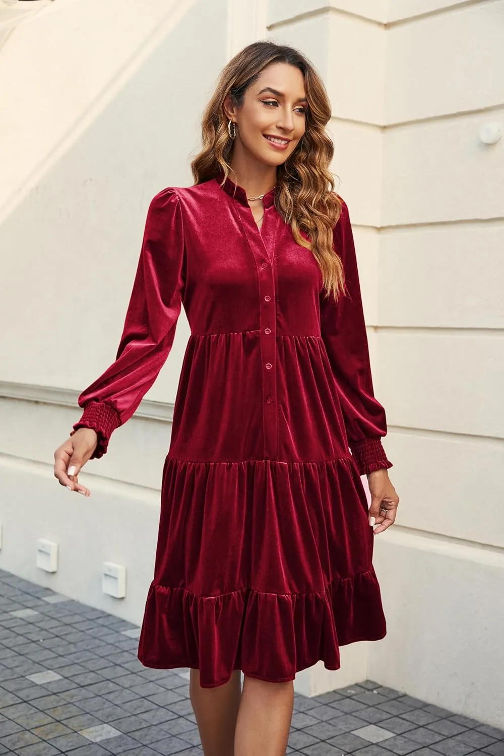 CYLADY Dresses for Women 2024 V Neck Spring Velvet Ruffle Long Sleeve Casual Flowy Swing Tunic Shift Dresses