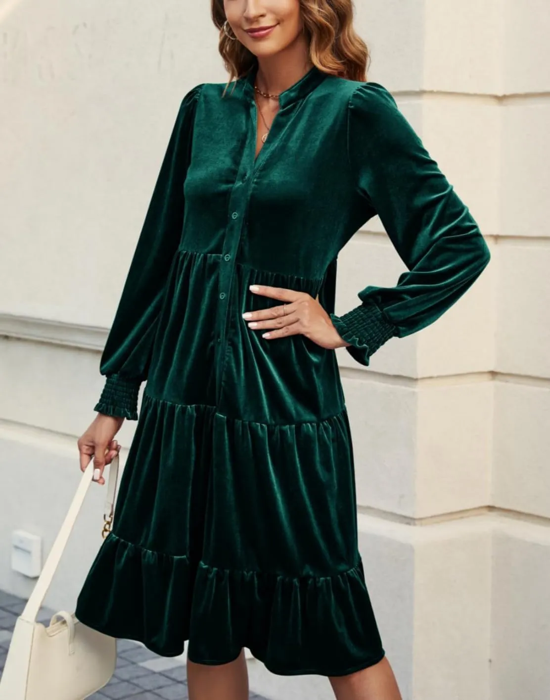 CYLADY Dresses for Women 2024 V Neck Spring Velvet Ruffle Long Sleeve Casual Flowy Swing Tunic Shift Dresses
