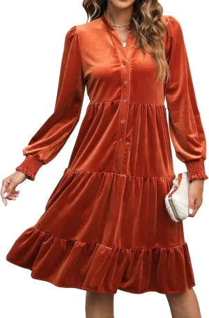 CYLADY Dresses for Women 2024 V Neck Spring Velvet Ruffle Long Sleeve Casual Flowy Swing Tunic Shift Dresses