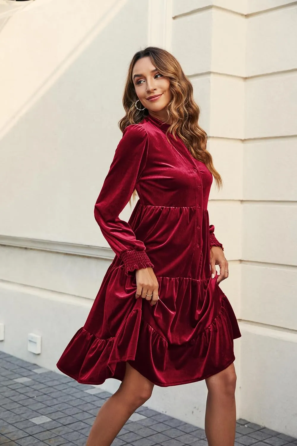 CYLADY Dresses for Women 2024 V Neck Spring Velvet Ruffle Long Sleeve Casual Flowy Swing Tunic Shift Dresses