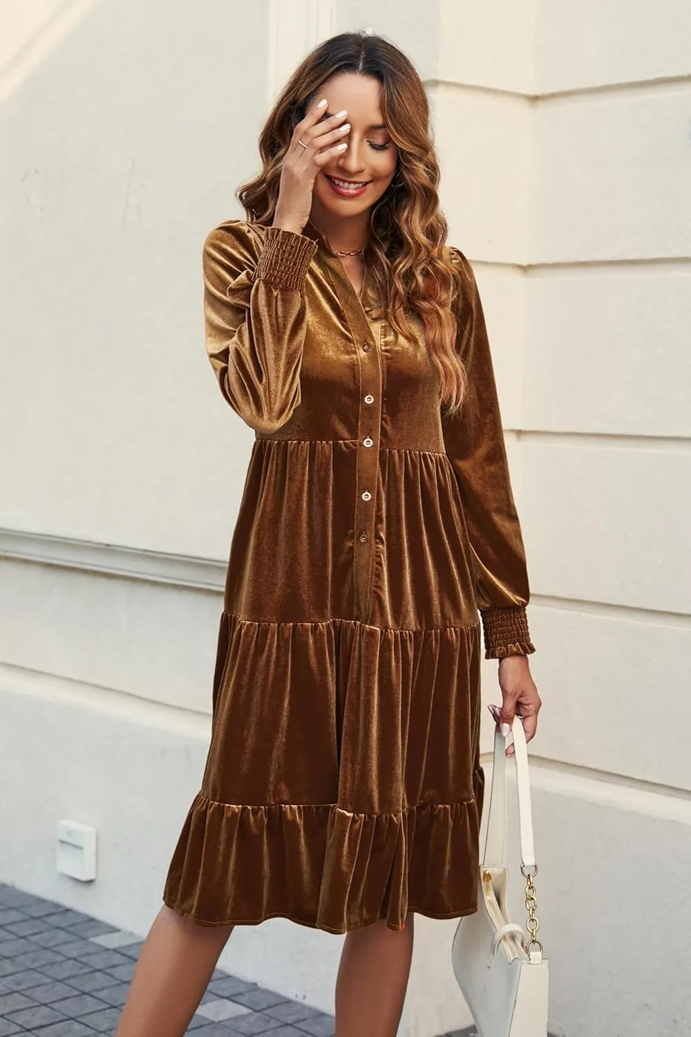 CYLADY Dresses for Women 2024 V Neck Spring Velvet Ruffle Long Sleeve Casual Flowy Swing Tunic Shift Dresses