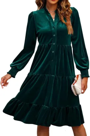 CYLADY Dresses for Women 2024 V Neck Spring Velvet Ruffle Long Sleeve Casual Flowy Swing Tunic Shift Dresses