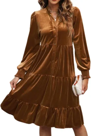 CYLADY Dresses for Women 2024 V Neck Spring Velvet Ruffle Long Sleeve Casual Flowy Swing Tunic Shift Dresses