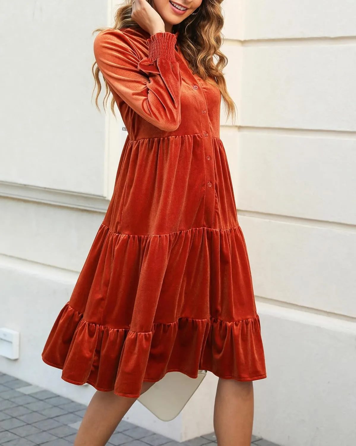 CYLADY Dresses for Women 2024 V Neck Spring Velvet Ruffle Long Sleeve Casual Flowy Swing Tunic Shift Dresses