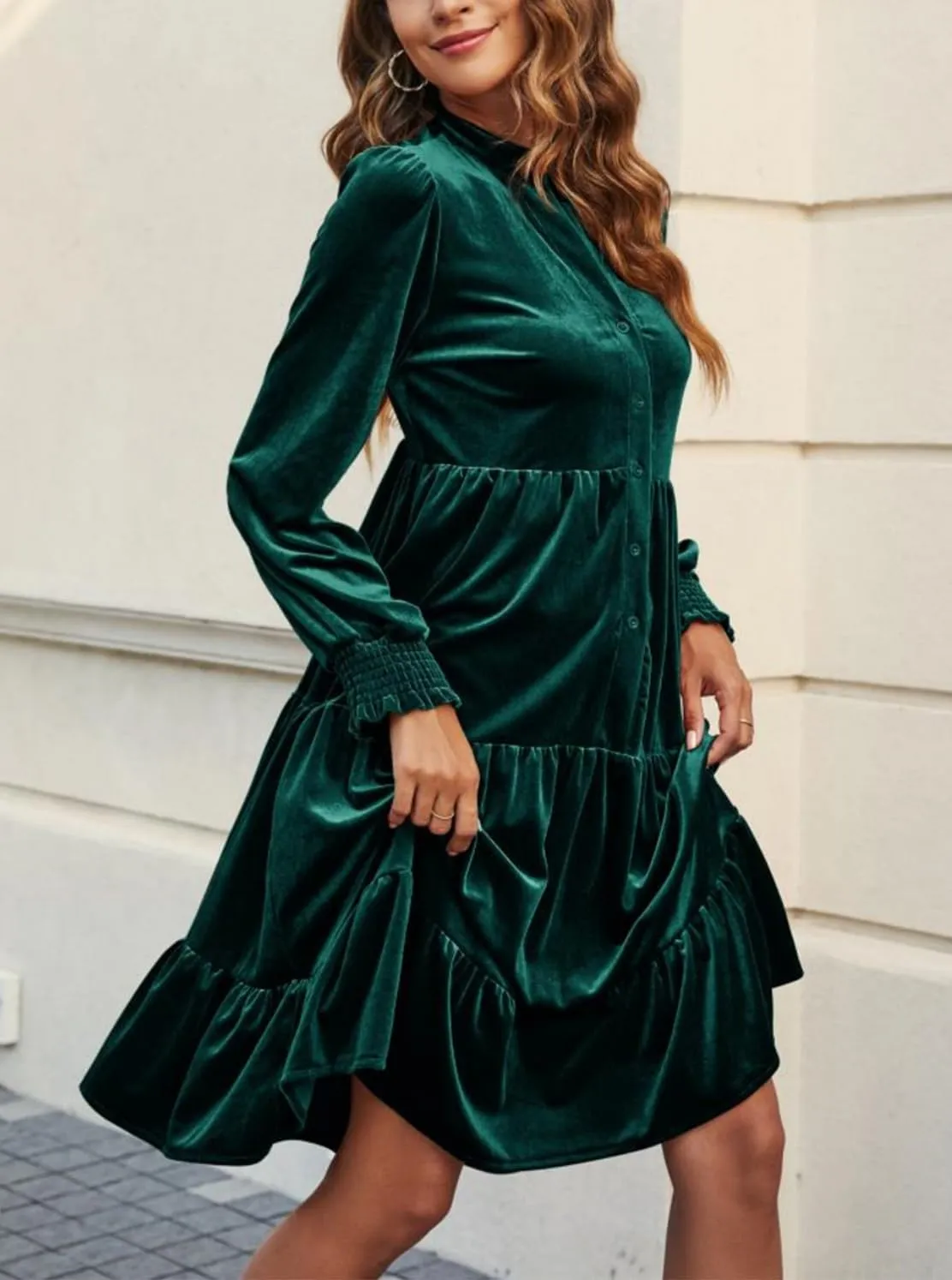 CYLADY Dresses for Women 2024 V Neck Spring Velvet Ruffle Long Sleeve Casual Flowy Swing Tunic Shift Dresses