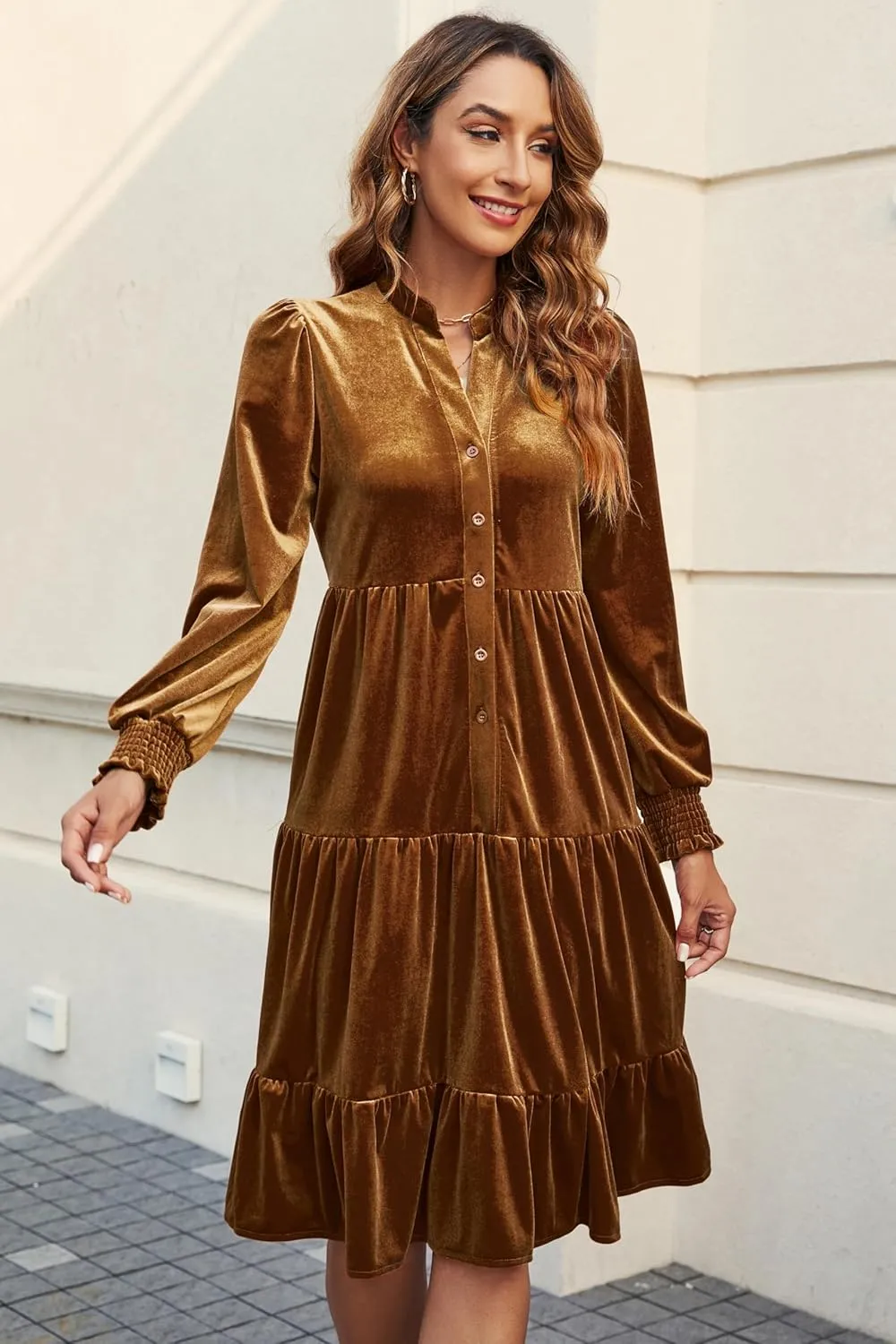 CYLADY Dresses for Women 2024 V Neck Spring Velvet Ruffle Long Sleeve Casual Flowy Swing Tunic Shift Dresses