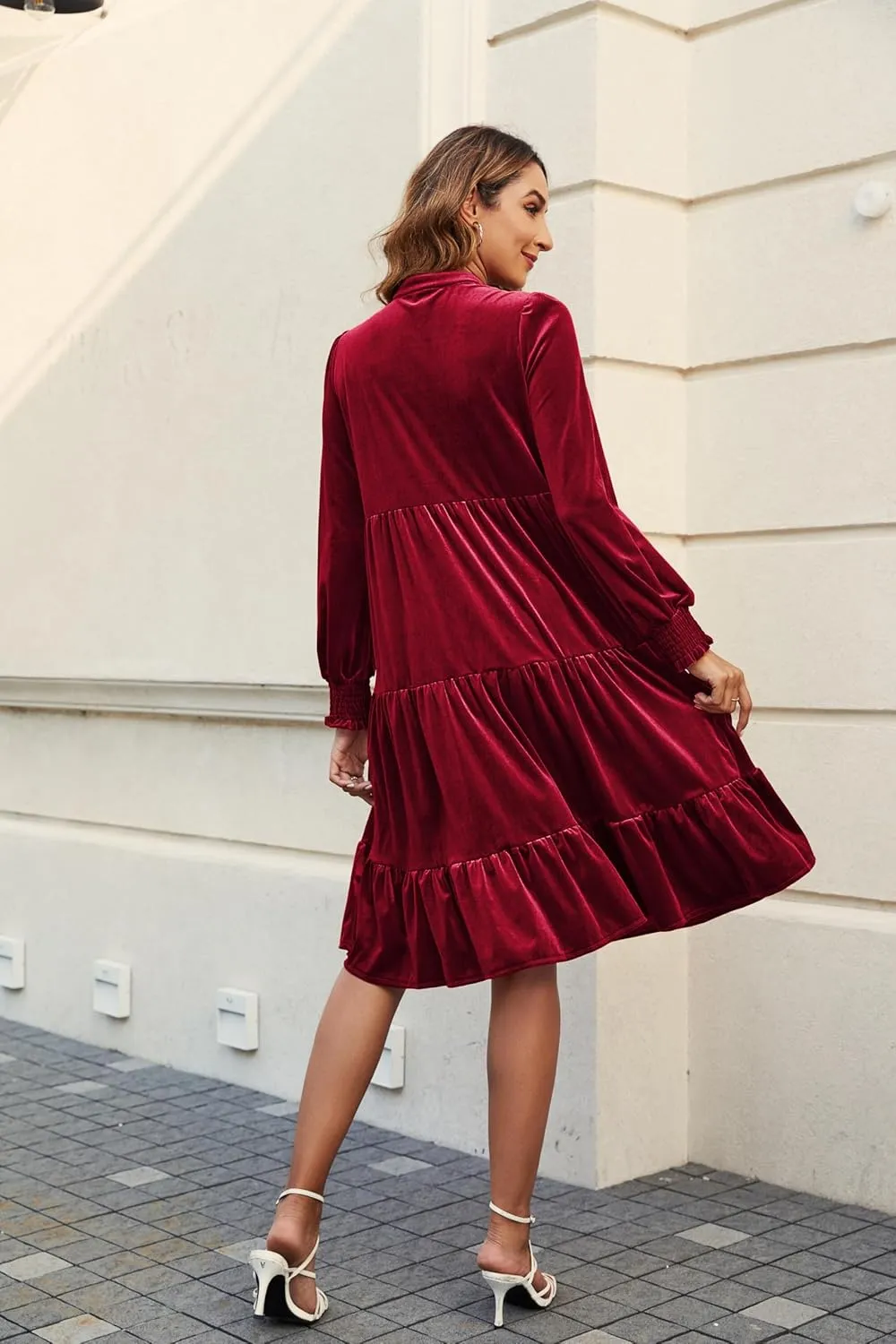 CYLADY Dresses for Women 2024 V Neck Spring Velvet Ruffle Long Sleeve Casual Flowy Swing Tunic Shift Dresses
