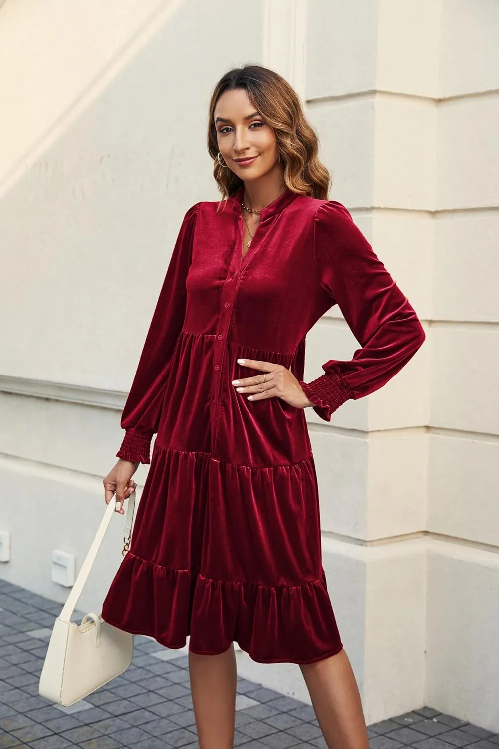 CYLADY Dresses for Women 2024 V Neck Spring Velvet Ruffle Long Sleeve Casual Flowy Swing Tunic Shift Dresses