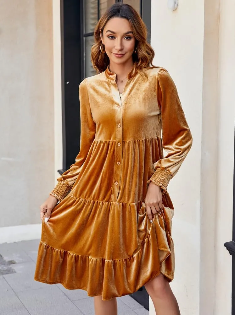 CYLADY Dresses for Women 2024 V Neck Spring Velvet Ruffle Long Sleeve Casual Flowy Swing Tunic Shift Dresses