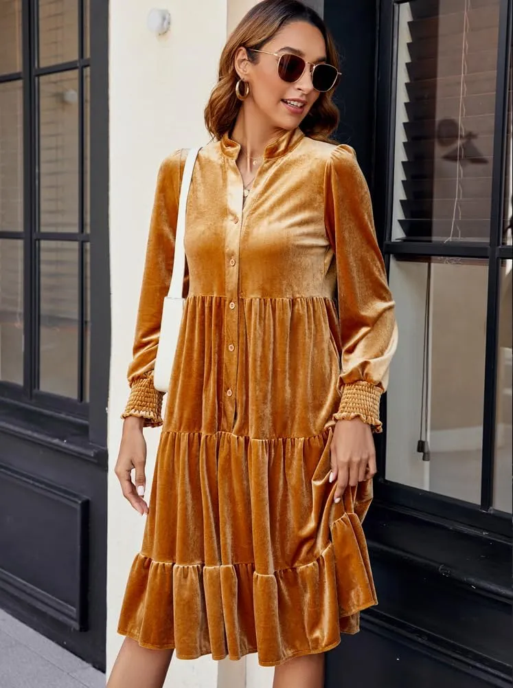 CYLADY Dresses for Women 2024 V Neck Spring Velvet Ruffle Long Sleeve Casual Flowy Swing Tunic Shift Dresses