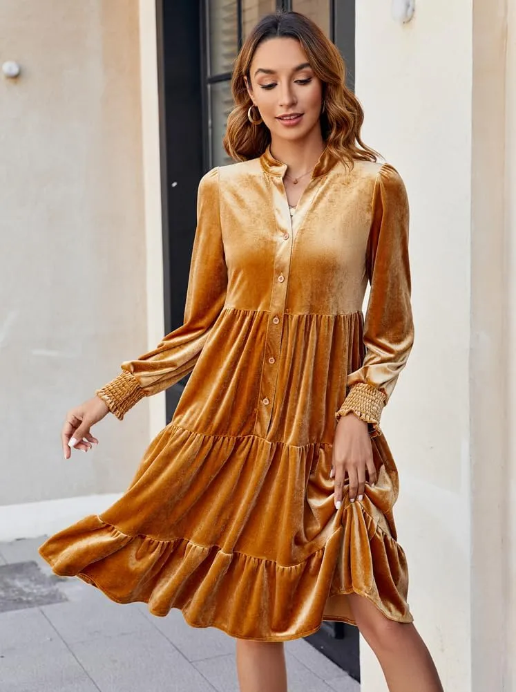 CYLADY Dresses for Women 2024 V Neck Spring Velvet Ruffle Long Sleeve Casual Flowy Swing Tunic Shift Dresses
