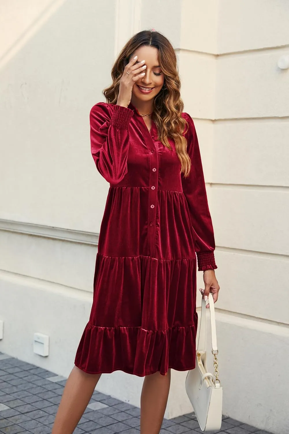CYLADY Dresses for Women 2024 V Neck Spring Velvet Ruffle Long Sleeve Casual Flowy Swing Tunic Shift Dresses