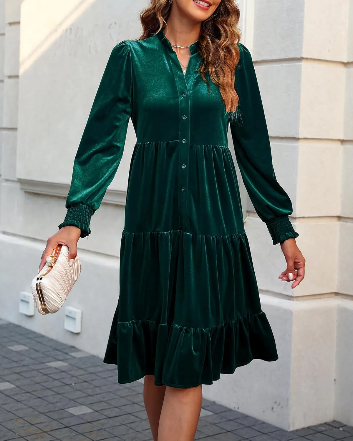 CYLADY Dresses for Women 2024 V Neck Spring Velvet Ruffle Long Sleeve Casual Flowy Swing Tunic Shift Dresses