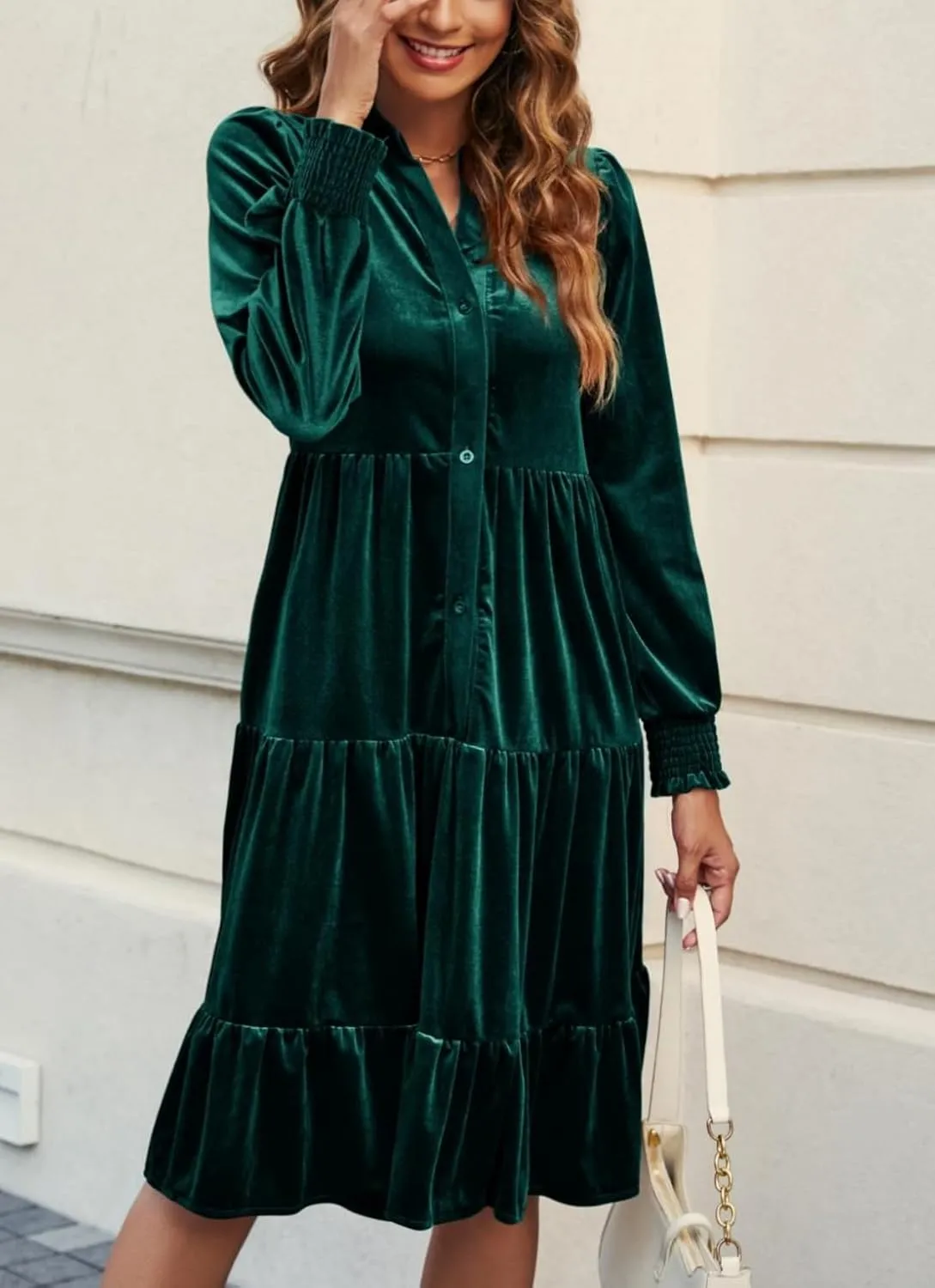 CYLADY Dresses for Women 2024 V Neck Spring Velvet Ruffle Long Sleeve Casual Flowy Swing Tunic Shift Dresses