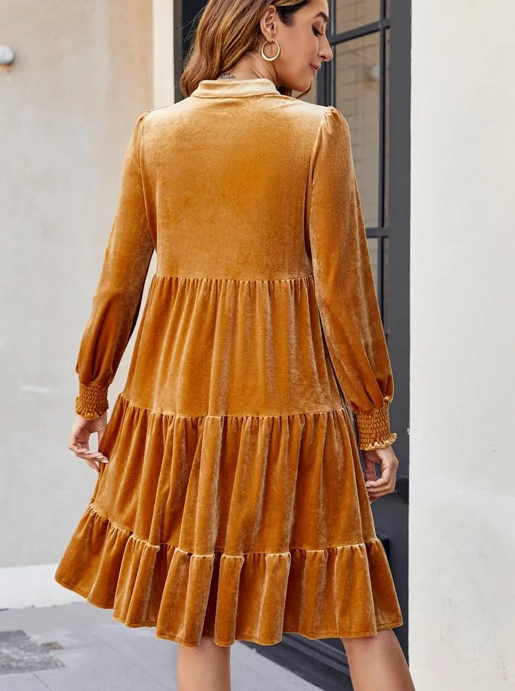 CYLADY Dresses for Women 2024 V Neck Spring Velvet Ruffle Long Sleeve Casual Flowy Swing Tunic Shift Dresses