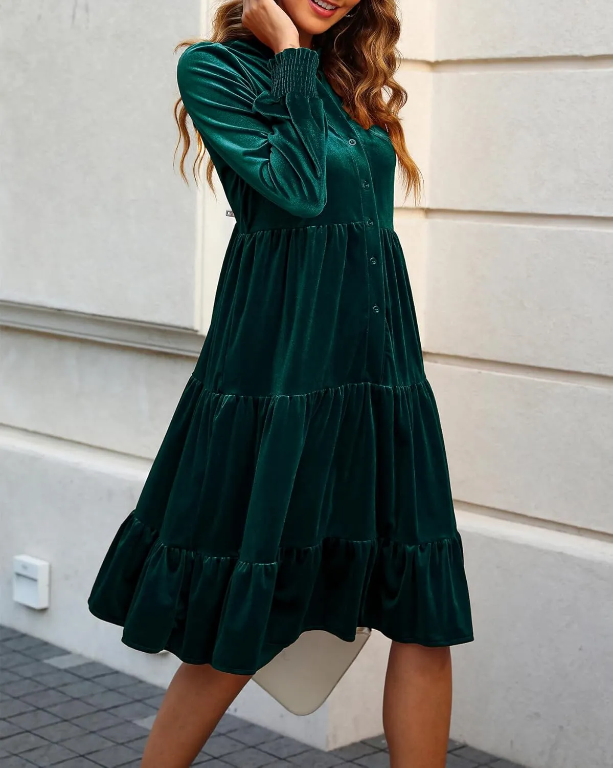 CYLADY Dresses for Women 2024 V Neck Spring Velvet Ruffle Long Sleeve Casual Flowy Swing Tunic Shift Dresses