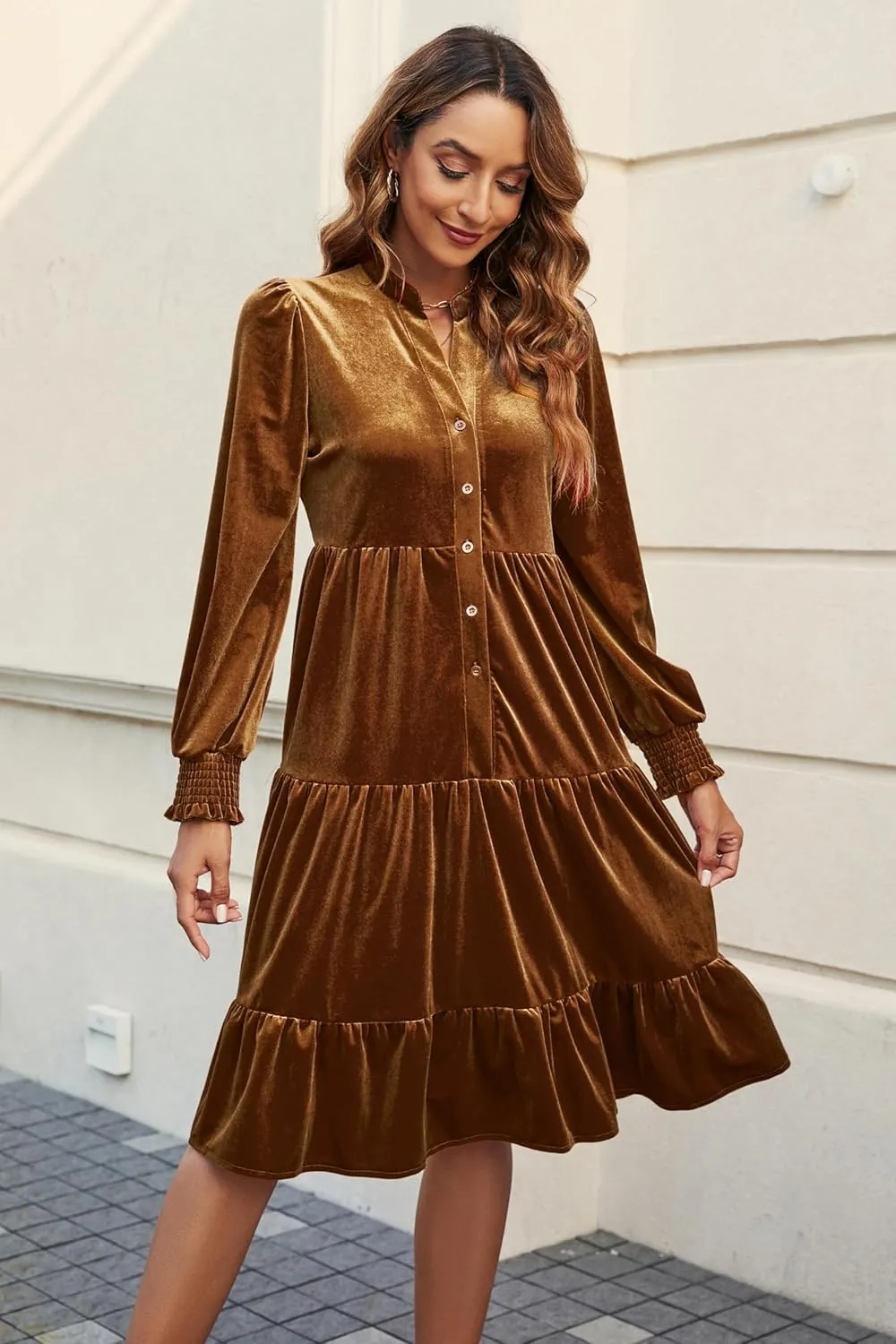 CYLADY Dresses for Women 2024 V Neck Spring Velvet Ruffle Long Sleeve Casual Flowy Swing Tunic Shift Dresses