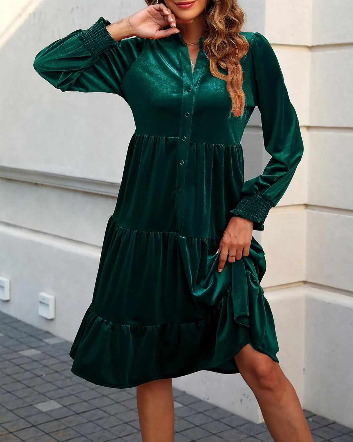 CYLADY Dresses for Women 2024 V Neck Spring Velvet Ruffle Long Sleeve Casual Flowy Swing Tunic Shift Dresses