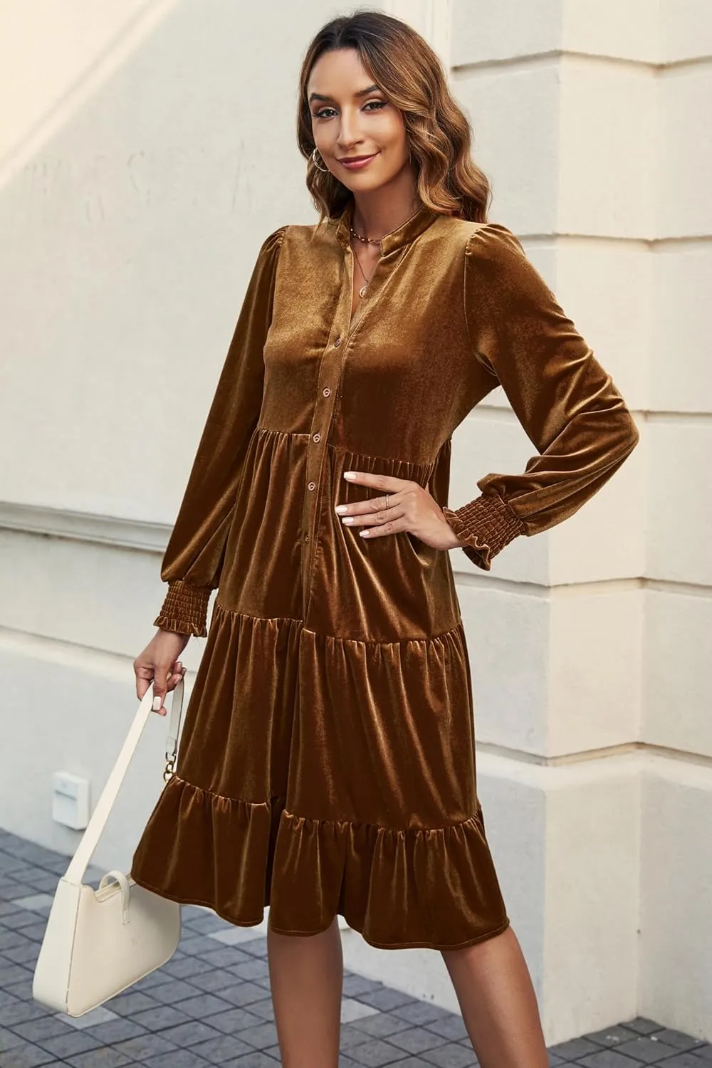CYLADY Dresses for Women 2024 V Neck Spring Velvet Ruffle Long Sleeve Casual Flowy Swing Tunic Shift Dresses
