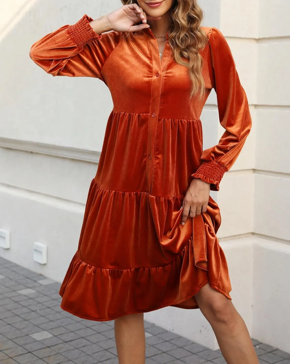 CYLADY Dresses for Women 2024 V Neck Spring Velvet Ruffle Long Sleeve Casual Flowy Swing Tunic Shift Dresses