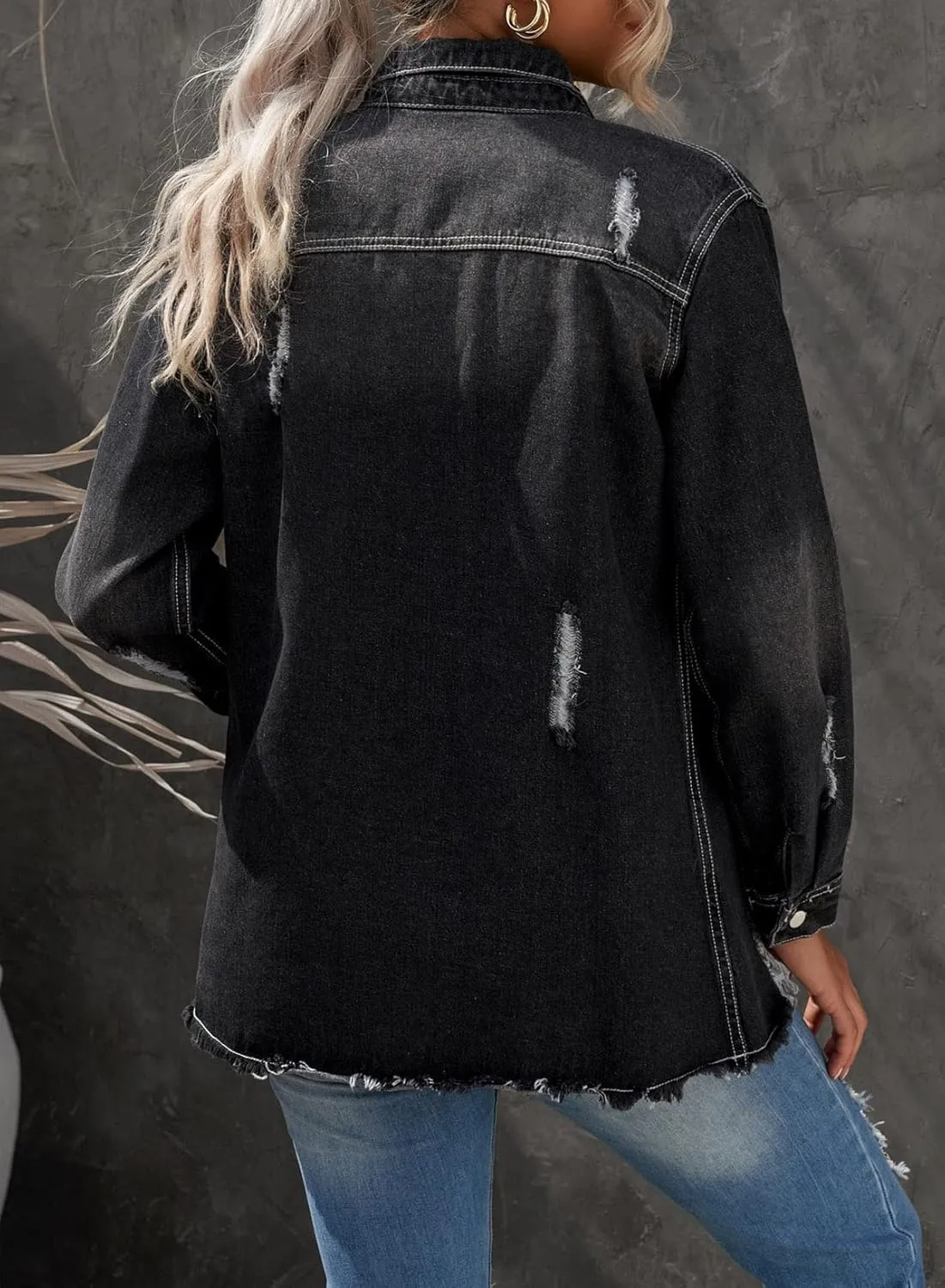 Dokotoo Women's Oversized Denim Jacket Casual Long Sleeve Denim Shirts Distresse Jean Jacket 2025 Spring Outfits