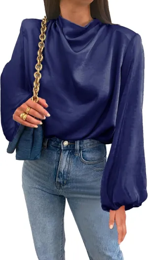 Famulily Women Elegant Long Puff Sleeve Cowl Neck Blouse Tops Pleated Shoulder Ruched Satin Silky Blouses Shirts