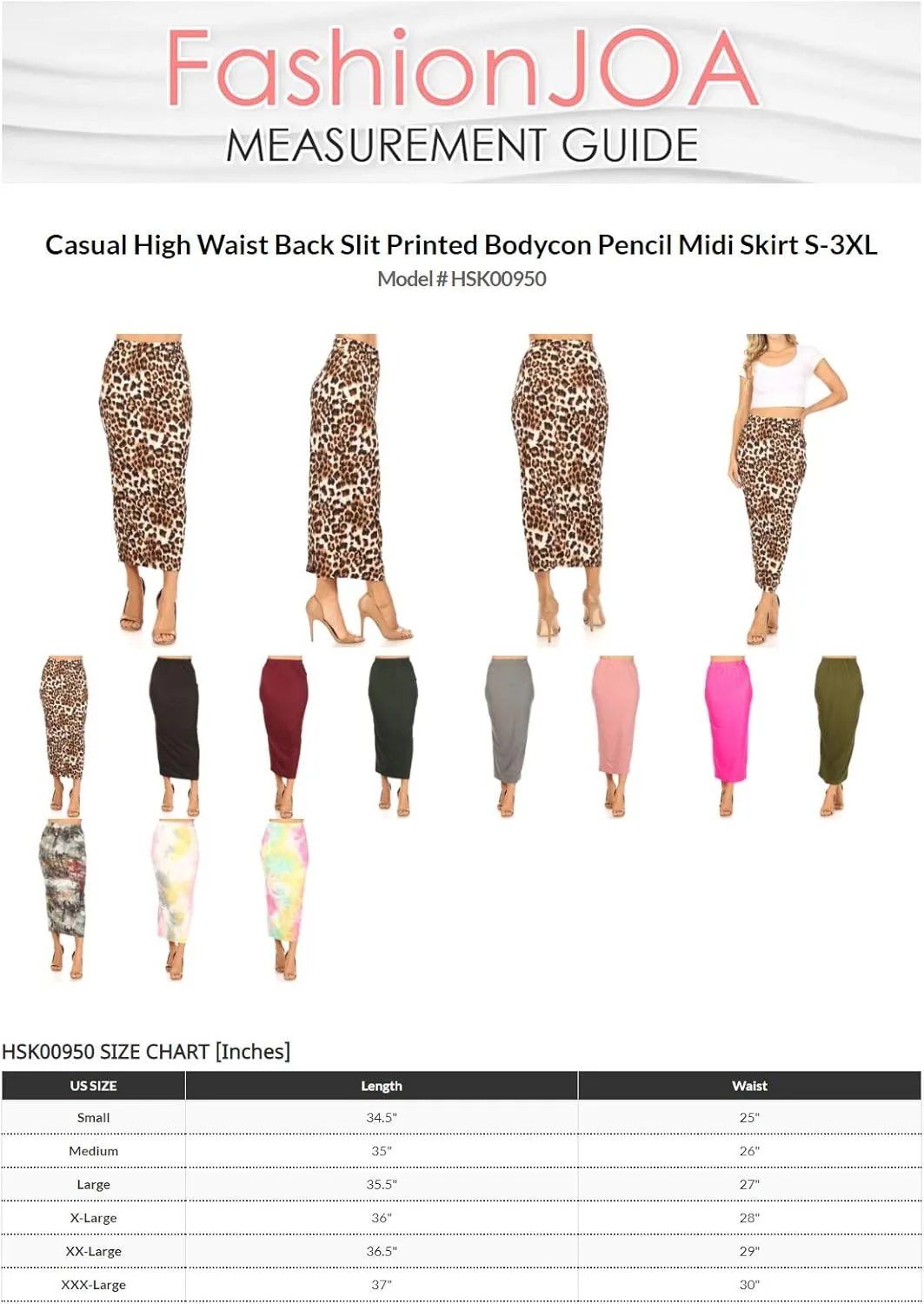 FashionJOA Women's Casual High Waist Back Slit Printed Bodycon Pencil Midi Skirt S-3XL