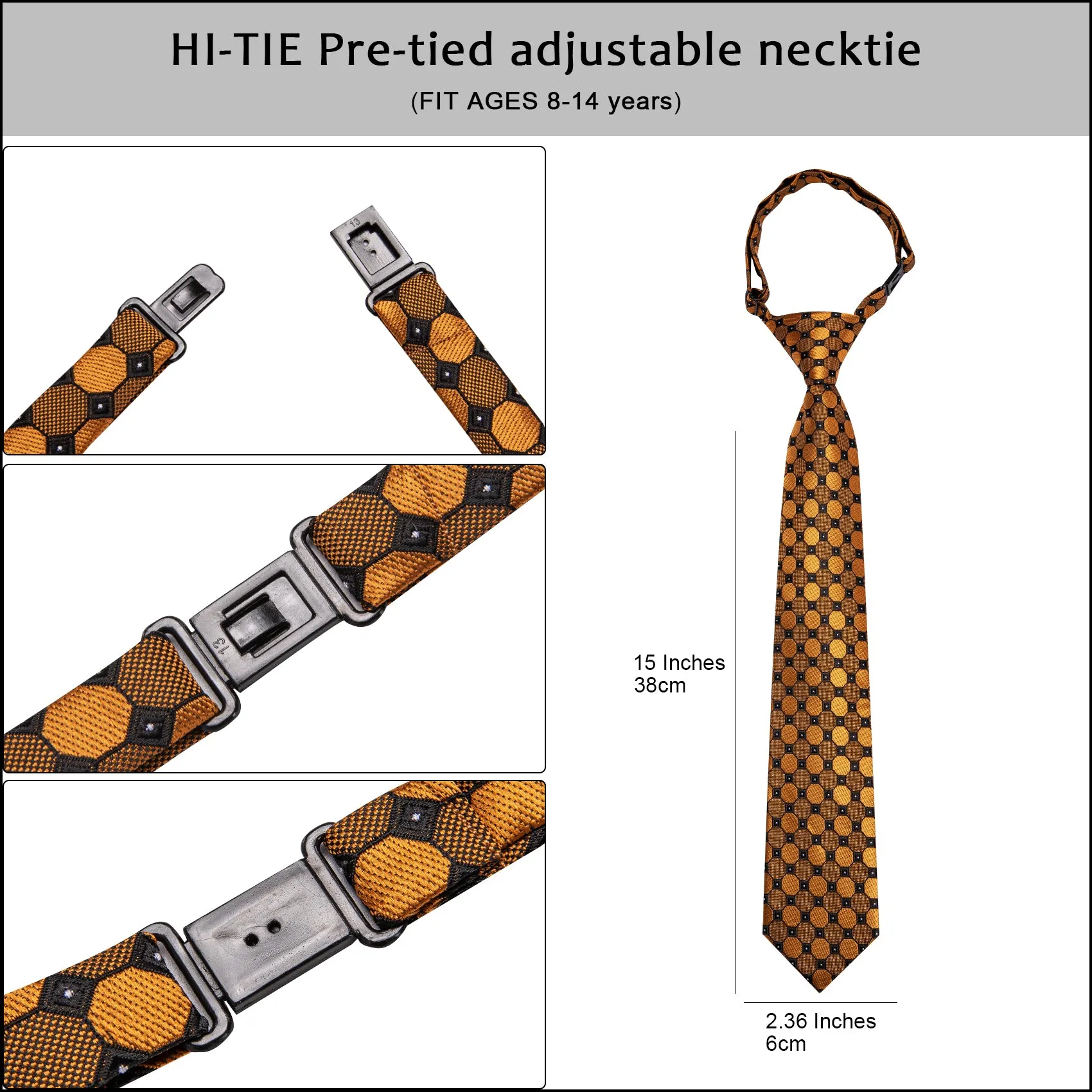 Gold Novelty Boys Pre-tied Adjustable Tie Pocket Square