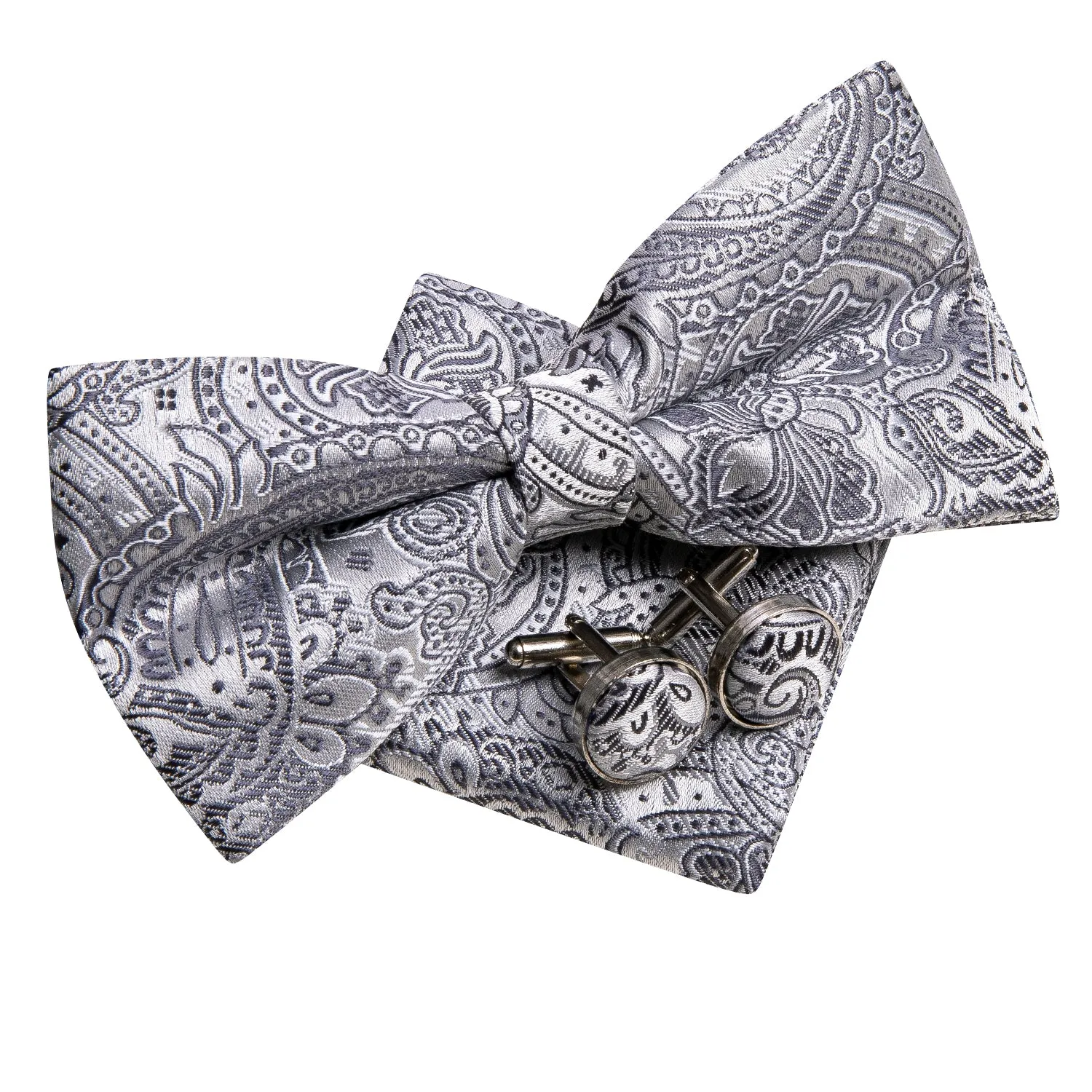 Grey Black Paisley Silk Pre-tied Bow Tie Hanky Cufflinks Set