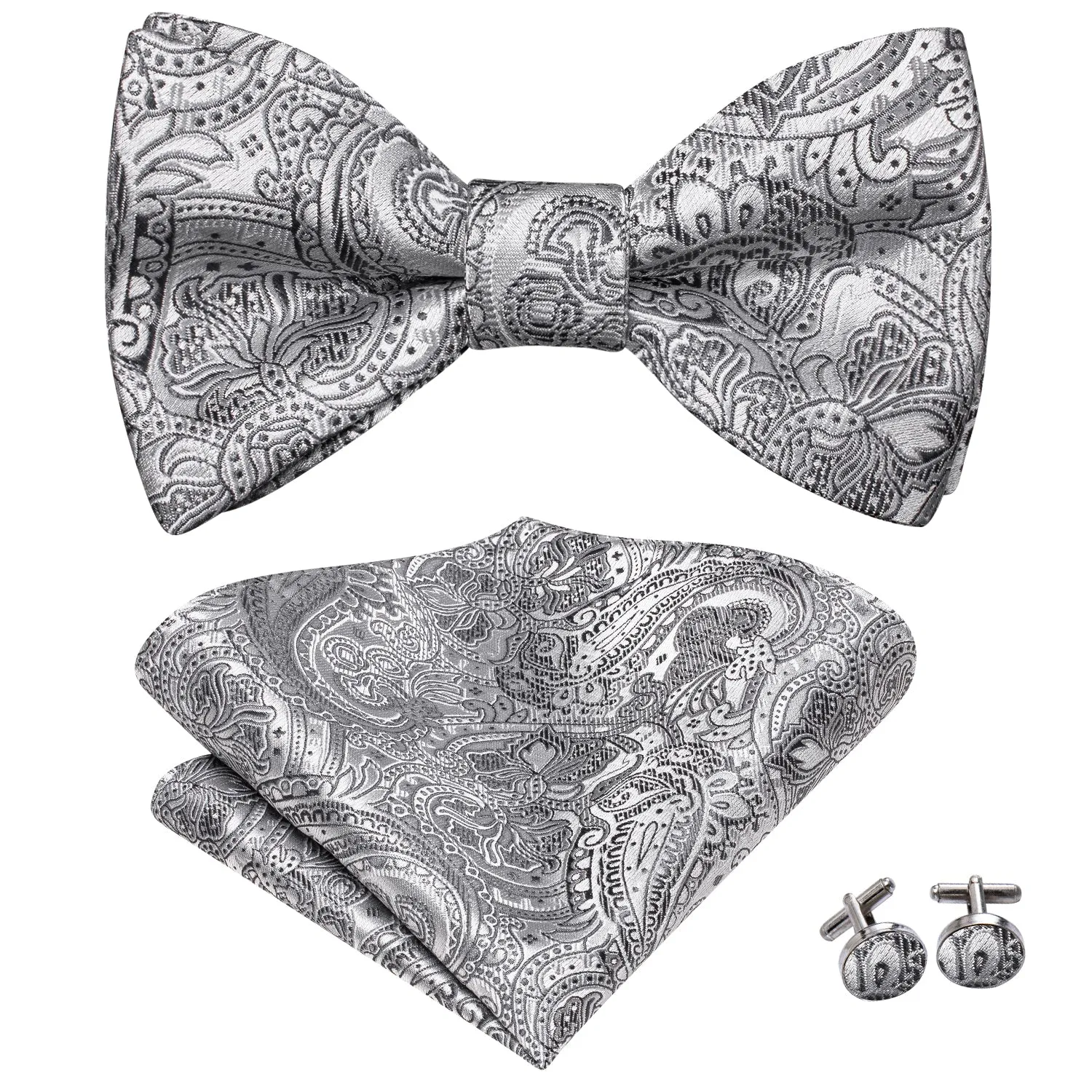 Grey Black Paisley Silk Self-tied Bow Tie Pocket Square Cufflinks Set