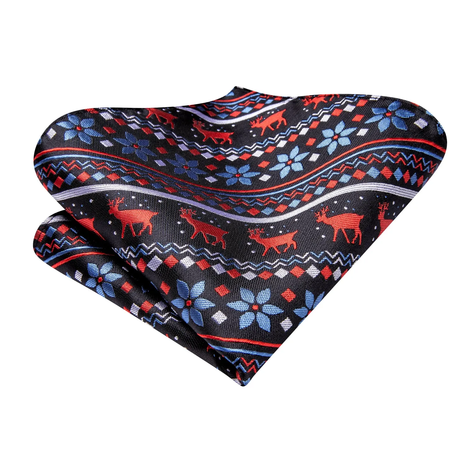 Hi-Tie Black Blue Christmas Mens Self-tied Bow Tie Hanky Cufflinks Set