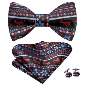 Hi-Tie Black Blue Christmas Mens Self-tied Bow Tie Hanky Cufflinks Set