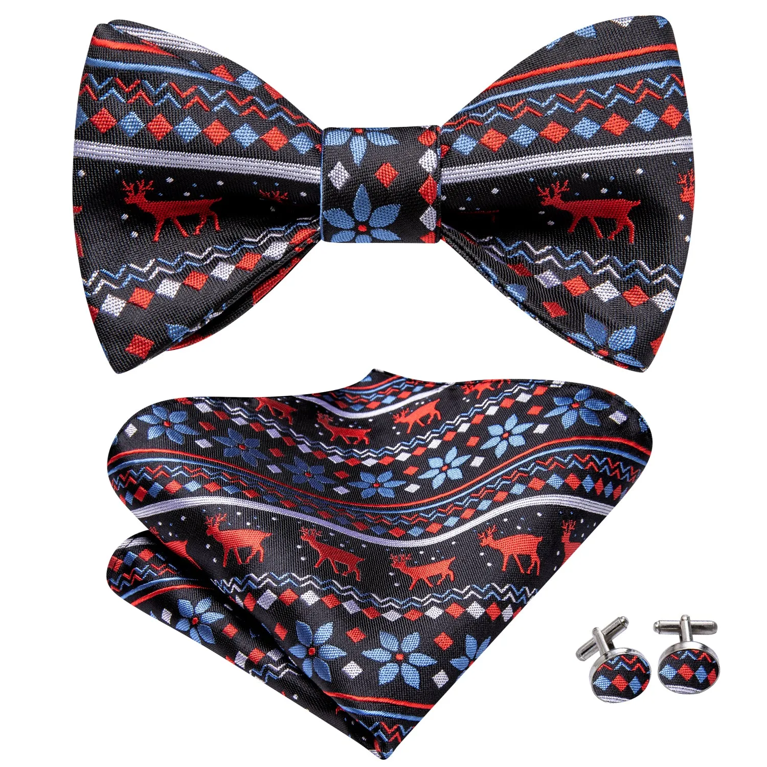 Hi-Tie Black Blue Christmas Mens Self-tied Bow Tie Hanky Cufflinks Set