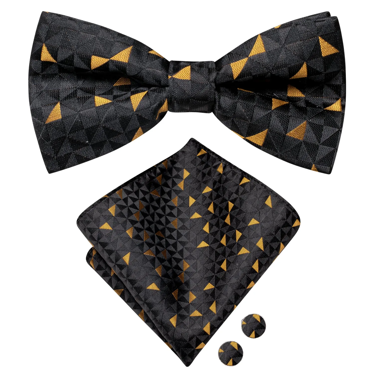 Hi-Tie Black Golden Novelty Silk Pre-tied Bow Tie Hanky Cufflinks Set