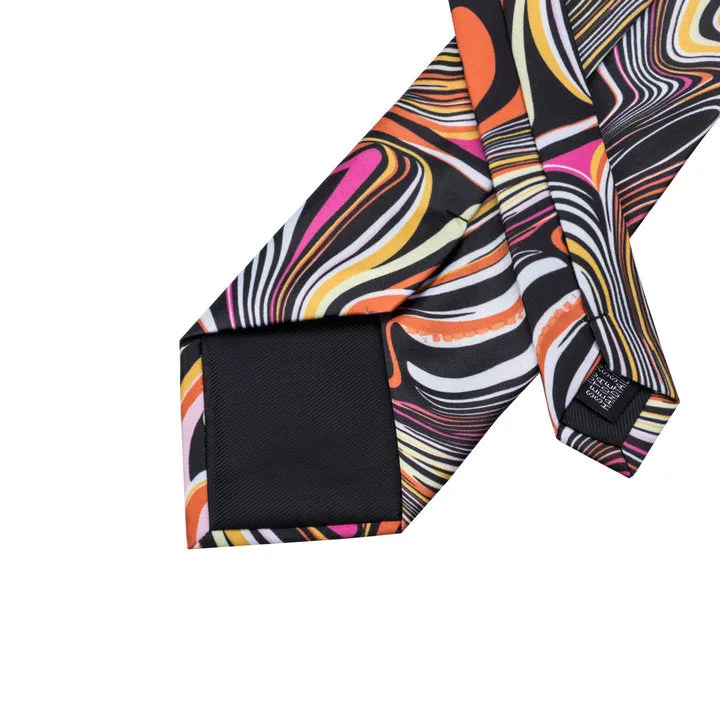Hi-Tie Black Orange Novelty Silk Men's Neck Tie Hanky Cufflinks Set
