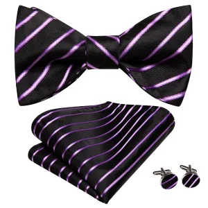 Hi-Tie Black Purple Strip Self-tied Bowtie Pocket Square Cufflinks Set