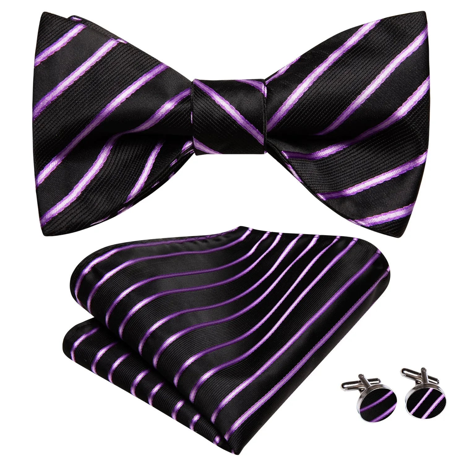 Hi-Tie Black Purple Strip Self-tied Bowtie Pocket Square Cufflinks Set