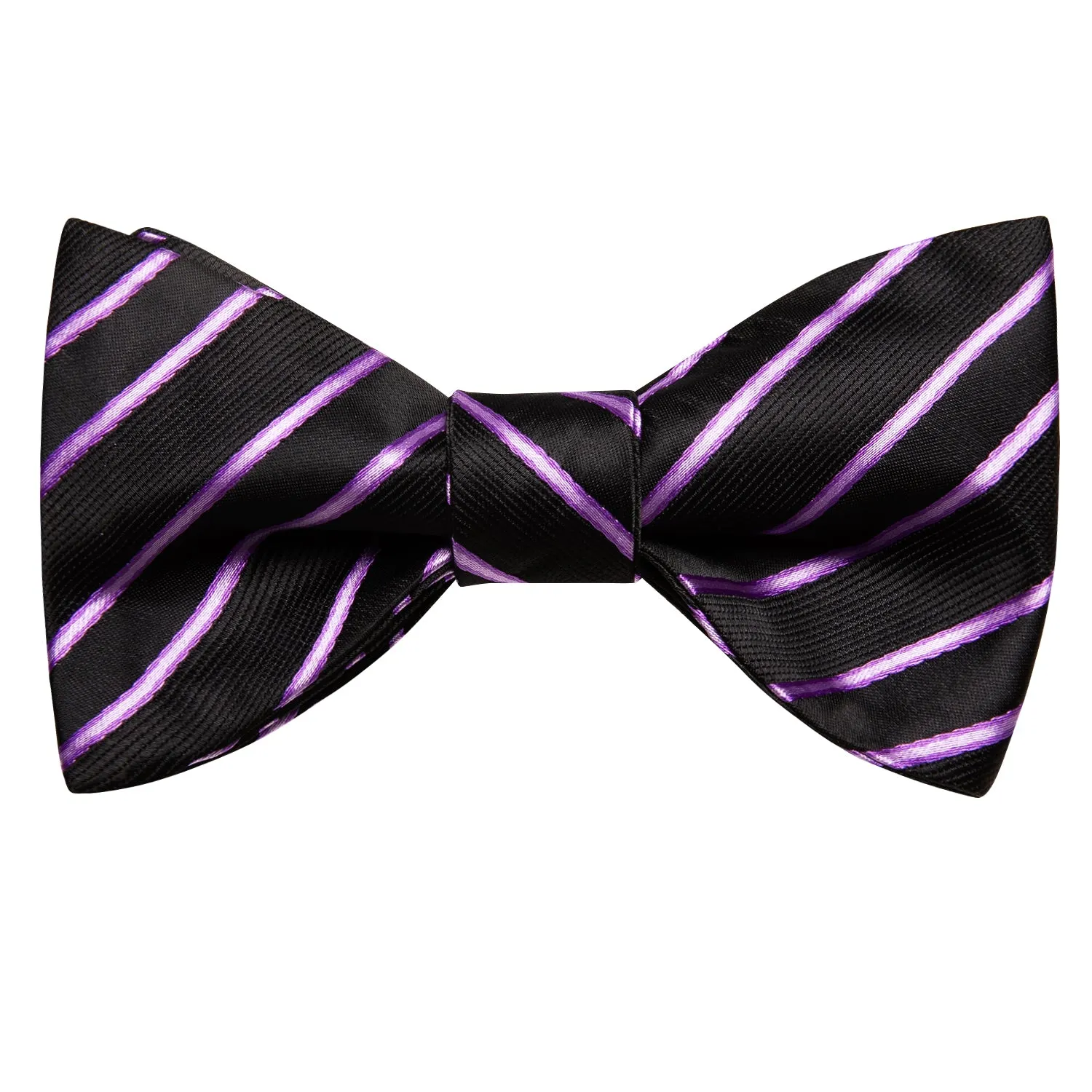 Hi-Tie Black Purple Strip Self-tied Bowtie Pocket Square Cufflinks Set