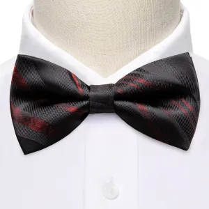 Hi-Tie Black Red Striped Pre-tied Bow Tie Pocket Square Cufflinks Set