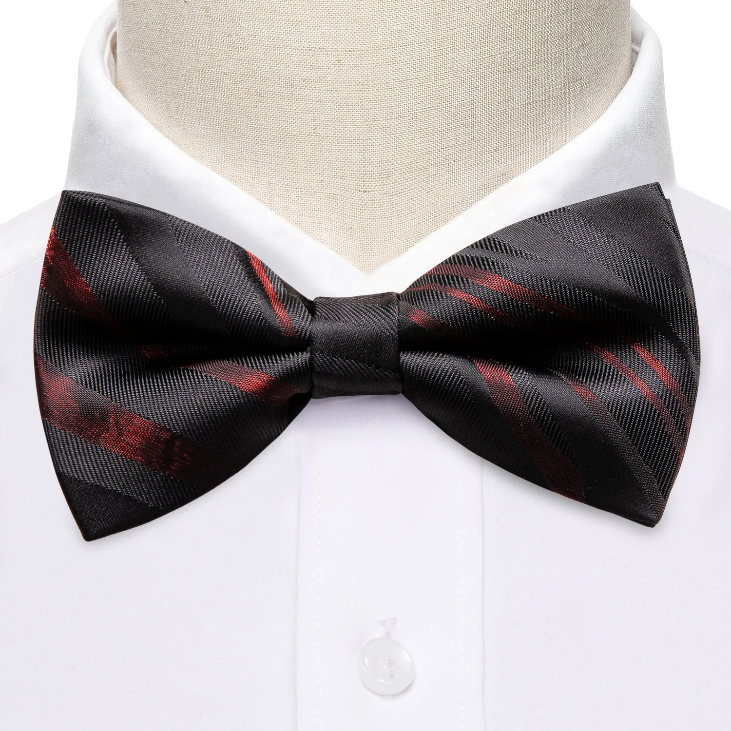 Hi-Tie Black Red Striped Pre-tied Bow Tie Pocket Square Cufflinks Set